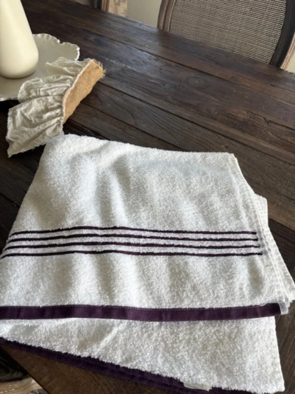 100% Cotton White Towel with Purple Stripes - REDUCED!